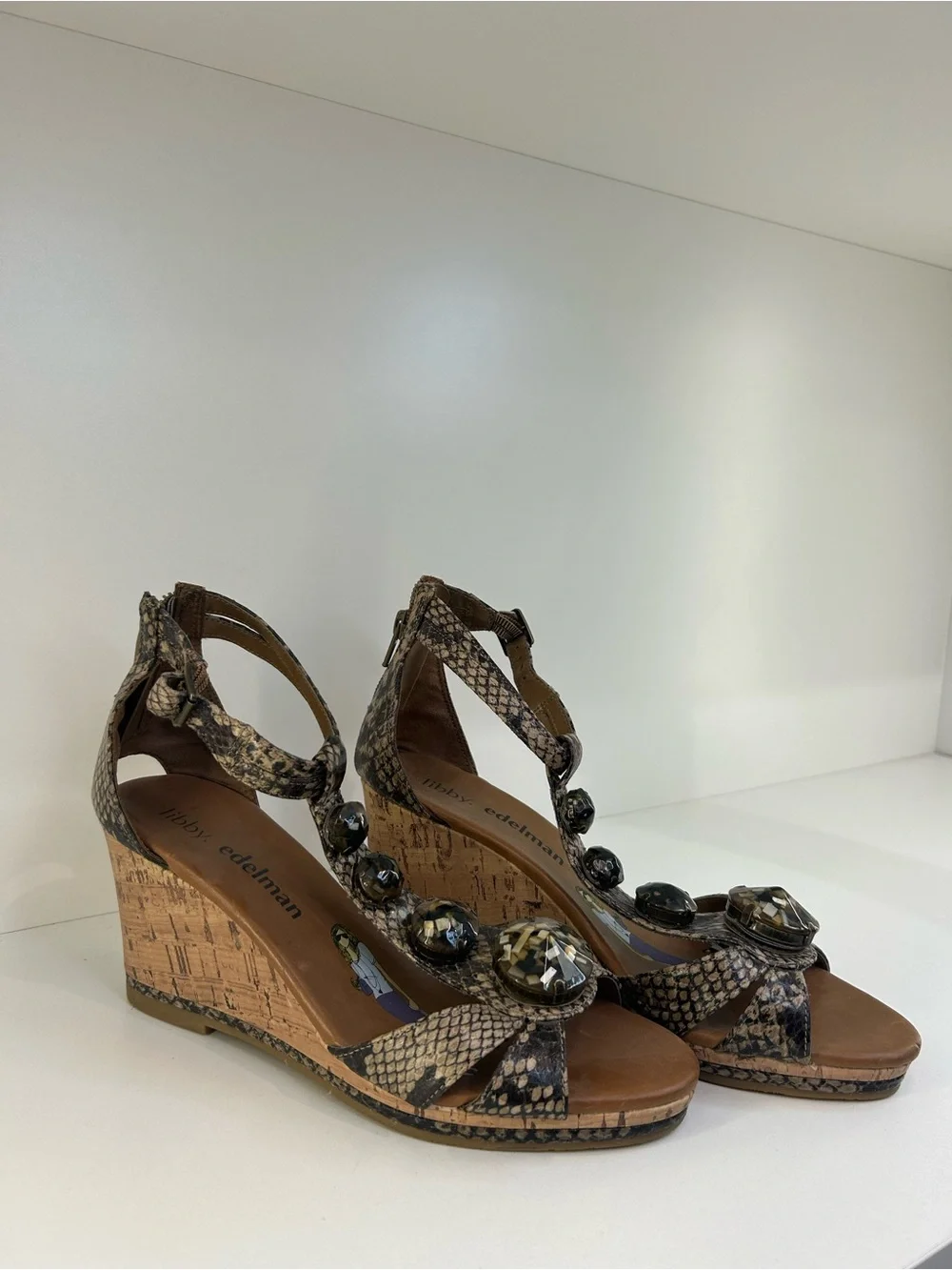 LIBBY EDELMAN PYTHON + CORK SANDALS SZ 7.5